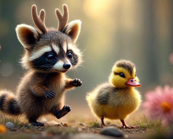 Whimsical Forest Scene with Raccoon and Duckling
