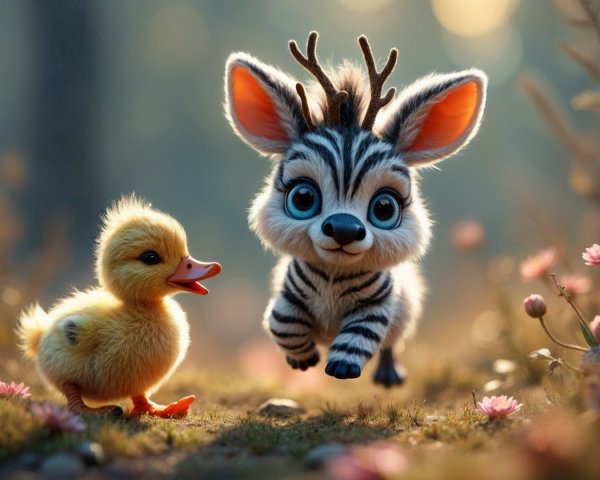 Whimsical Forest with Duckling and Zebra-like Creature