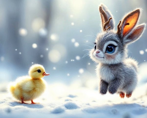 Whimsical Rabbit and Duckling in a Snowy Forest Scene