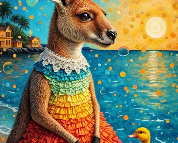 Kangaroo in Colorful Gown by Sunset Water Scene
