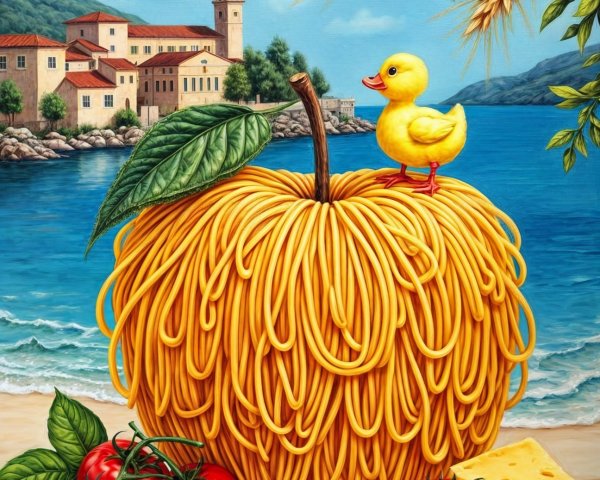 Vibrant Spaghetti Apple with Duckling and Fresh Produce