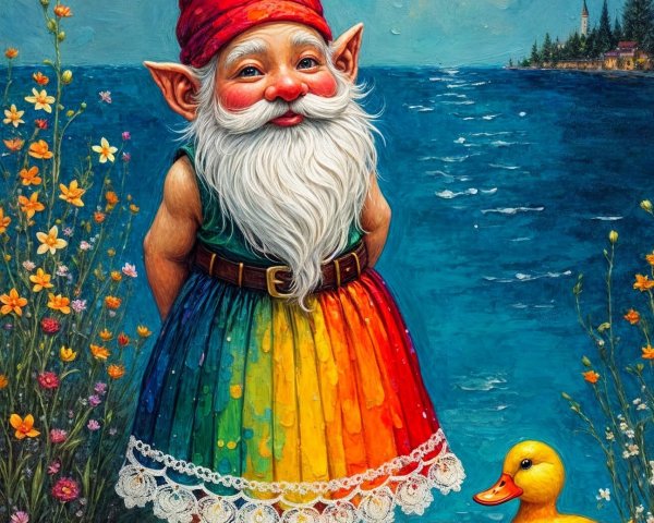 Cheerful gnome by blue lake with wildflowers and duck
