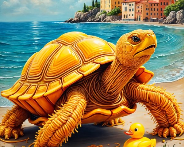 Giant Pasta Turtle on a Beach with Rubber Duck and Tomatoes