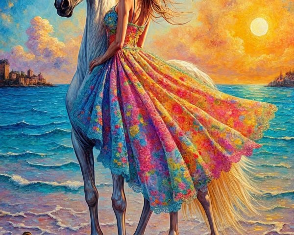 Young Woman on White Horse at Vibrant Sunset Shore