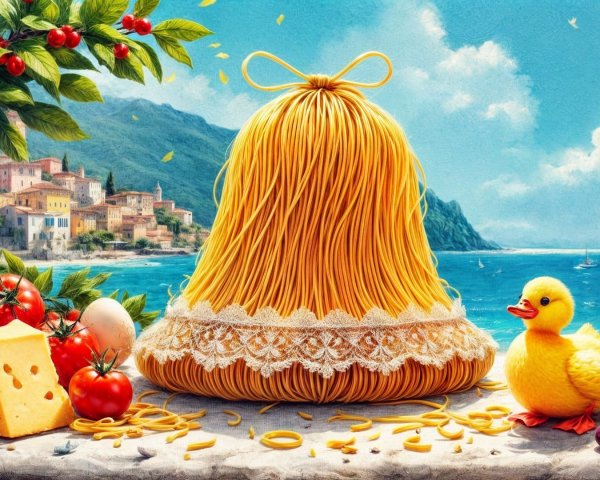 Whimsical Pasta Scene with Coastal Village Backdrop