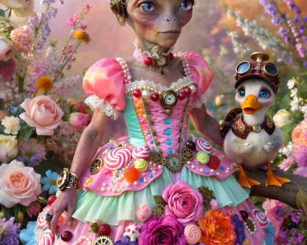 Alien in Princess Dress Surrounded by Flower Garden