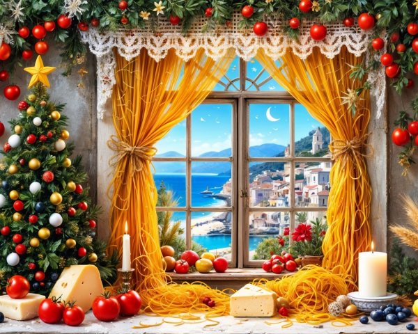 Festive Christmas Scene with Tree and Mediterranean View