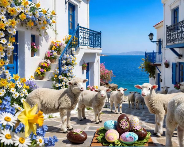 Picturesque Village with Colorful Houses and Easter Eggs