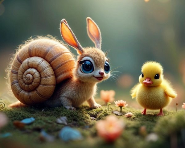 Whimsical Forest Scene with Rabbit and Duckling