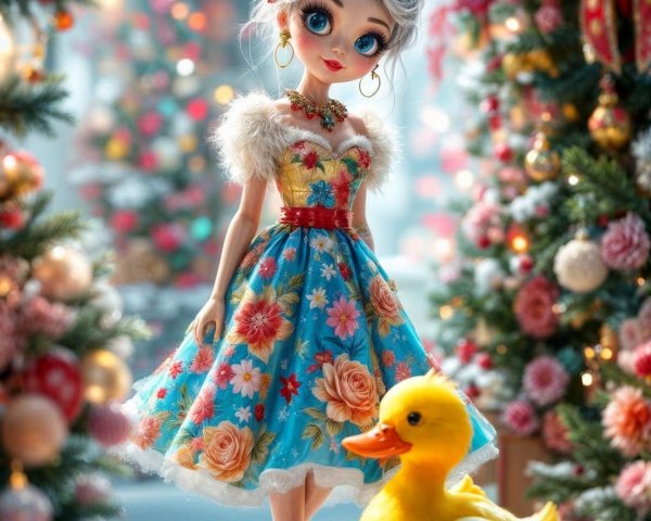 Charming Doll in Festive Holiday Setting with Duckling