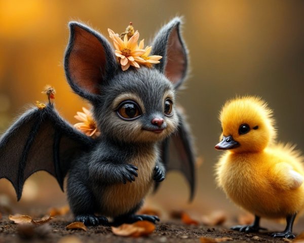 Whimsical Bat and Duckling in Autumn Scene