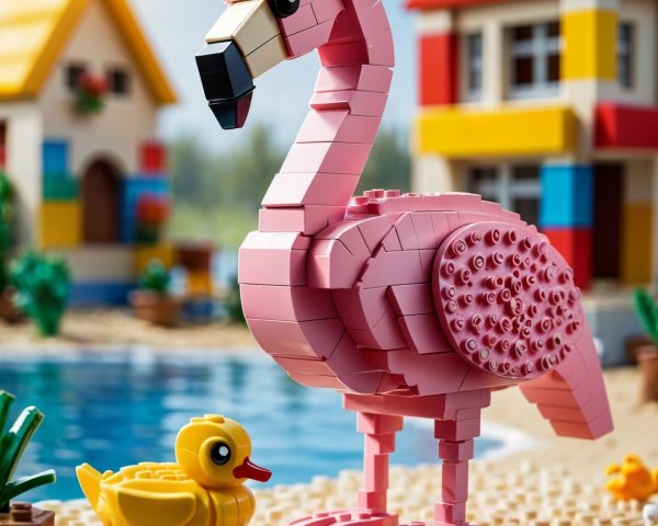 LEGO Flamingo and Duck in Colorful Playful Scene