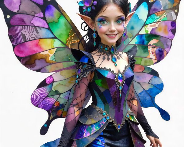 Stained Glass Fairy with Dark Brown Hair and Green Eyes