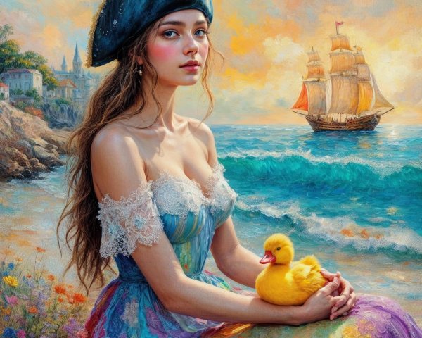Young woman in pirate hat with rubber duck on beach