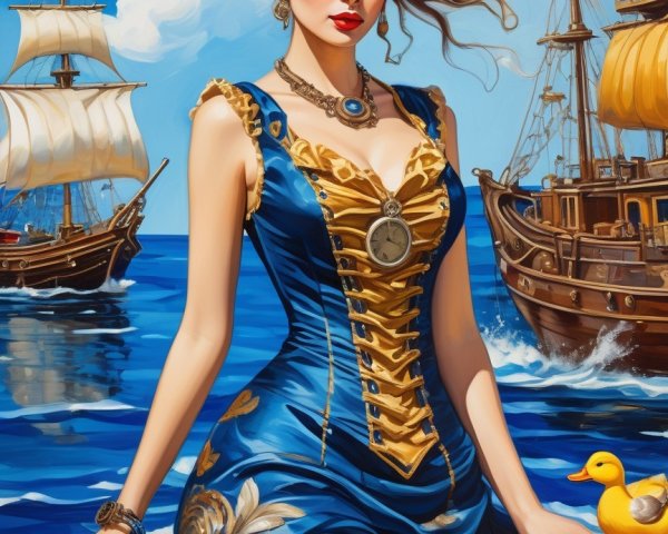 Woman in Blue Dress with Sailing Ships and Seagulls
