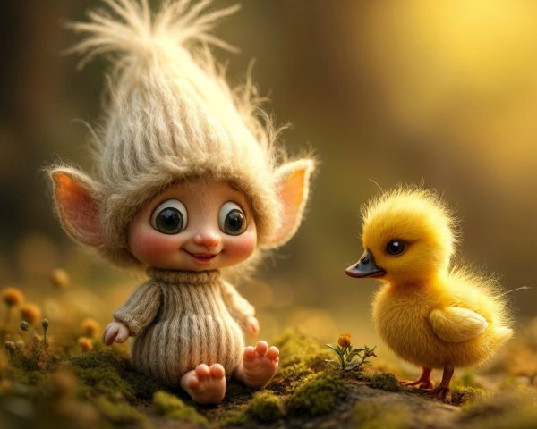 Whimsical Forest Scene with Cute Creature and Duckling