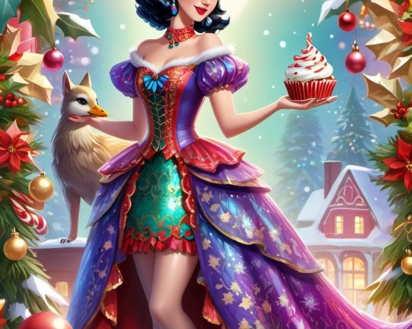 Whimsical Character in Festive Dress with Cupcake