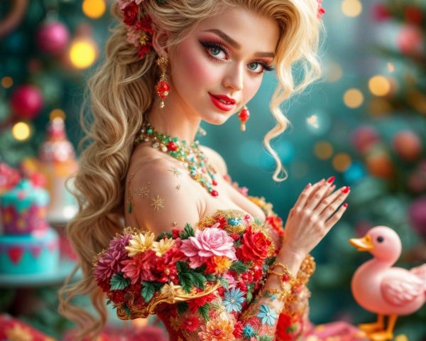 Floral Gown and Whimsical Holiday Backdrop Details