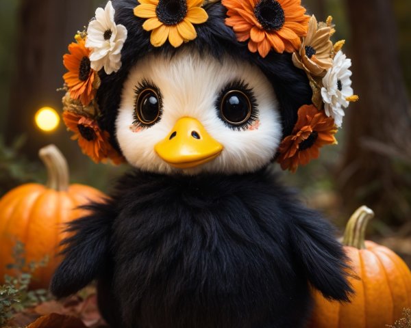 Whimsical Black Plush Duckling with Floral Crown