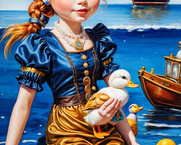 Whimsical Scene of Girl with Ducks and Sailing Ship