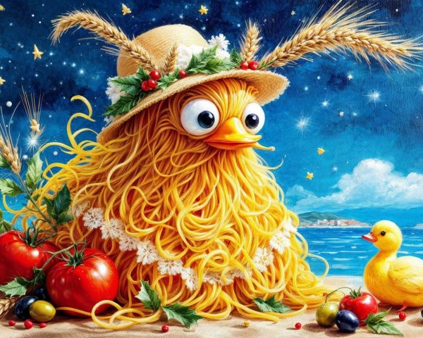 Cartoon Duck Made of Pasta on a Beach Scene