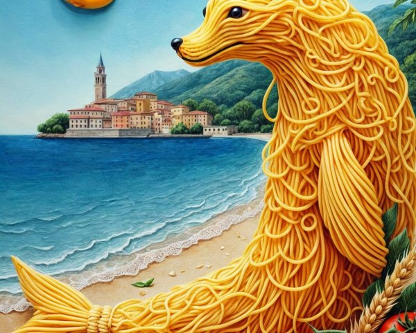 Golden Spaghetti Seal on Beach with Duck and Ingredients