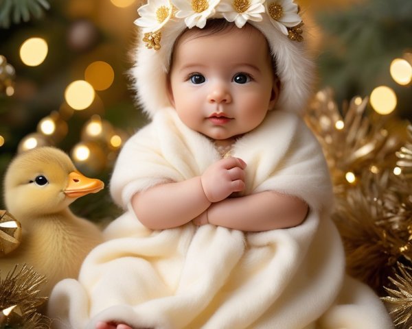 Charming Baby with Duckling in Festive Setting