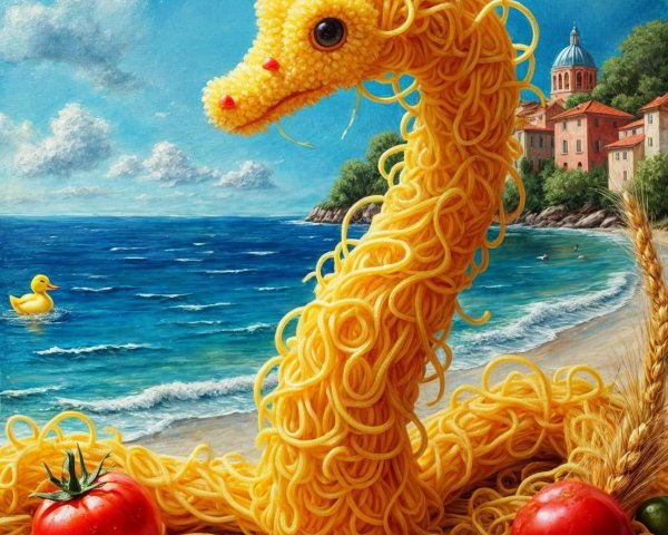 Spaghetti Dragon on a Beach with Colorful Vegetables