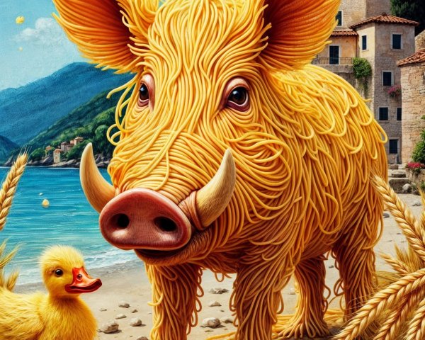 Whimsical Beach Scene with Pig and Duckling