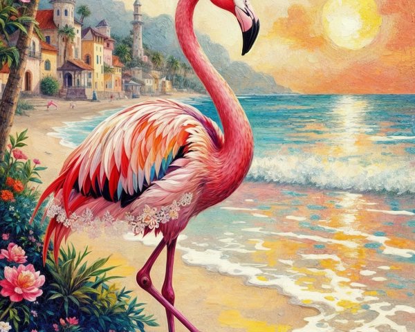 Flamingo and Duck at Sunset Beach Scene with Palm Trees