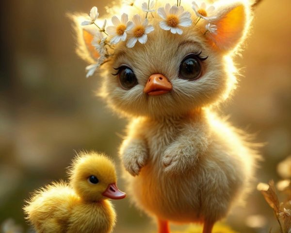Fluffy Chick with Flower Crown in Enchanted Setting