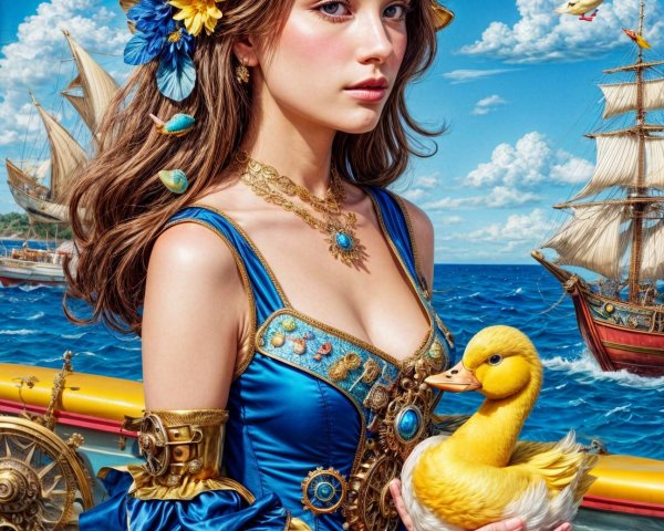 Young Woman in Blue Dress with Duckling and Seascape