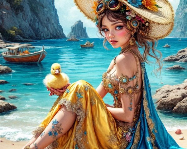 Young Woman in Vibrant Gown by Serene Beach