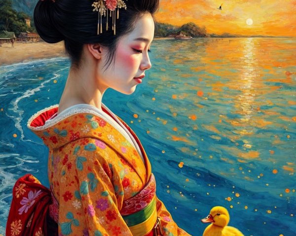 Young Woman in Traditional Attire at Sunset by Ocean