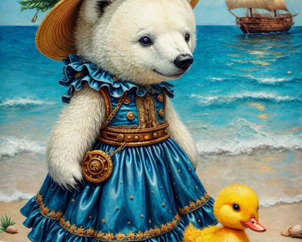 Polar Bear in Dress and Duckling at Sandy Beach