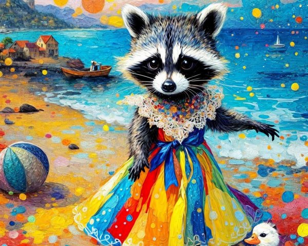 Raccoon in Polka-Dotted Dress on Colorful Beach