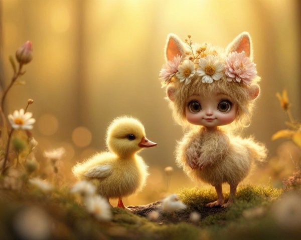 Whimsical Forest Scene with Doll-like Creature and Duckling