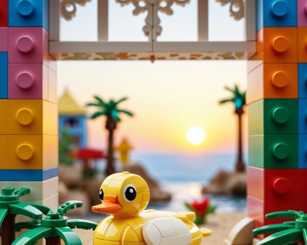 Cheerful Duck Toy in Colorful Block Landscape at Sunset