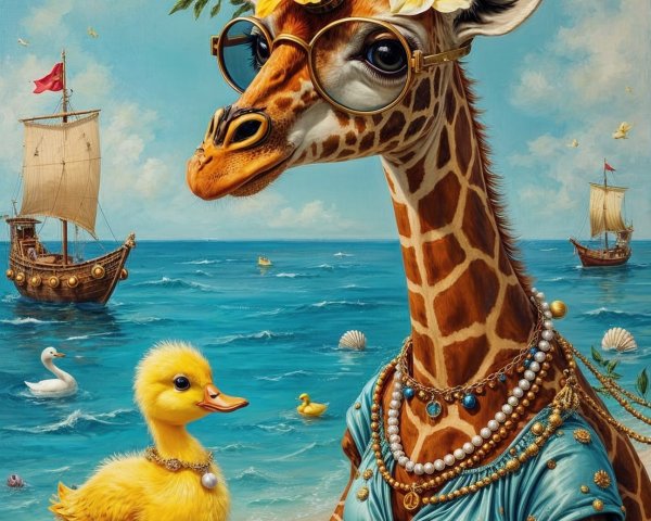 Whimsical Beach Scene with Giraffe and Duckling