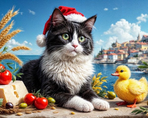 Fluffy Cat in Santa Hat with Seaside and Festive Elements