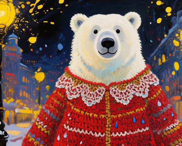 Impressionistic Polar Bear in Sweater Against Dark Background