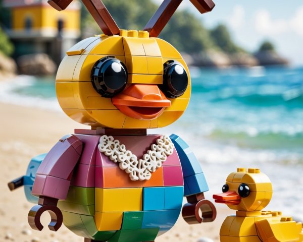 Colorful LEGO Bird and Duckling on Sunny Beach
