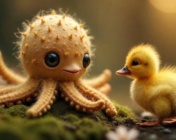 Whimsical Octopus and Duckling in a Magical Setting