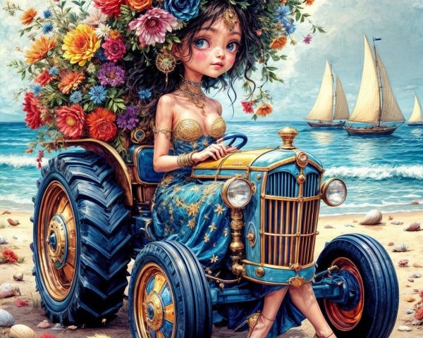Whimsical Beach Scene with Girl and Duck on Tractor