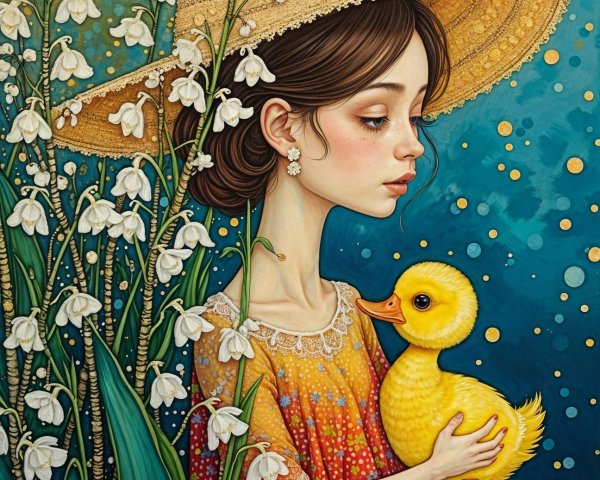 Young girl with duckling in floral setting