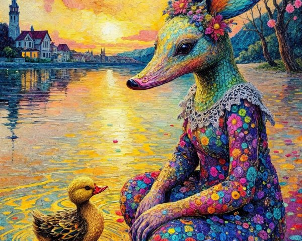 Whimsical Deer-Headed Animal by Tranquil Sunset Lake