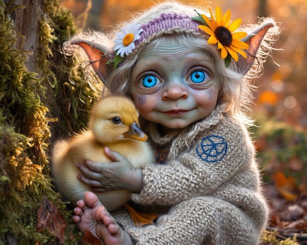 Elf-like Creature with Blue Eyes and Duckling
