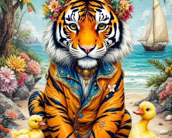 Tiger on Beach with Ducklings and Vibrant Flowers