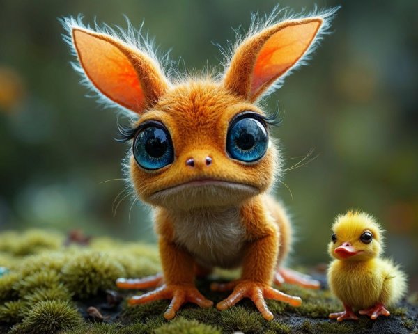 Whimsical Cartoon Creature with Fluffy Yellow Chick