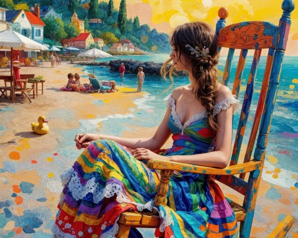 Young Woman in Colorful Dress by Beach at Sunset